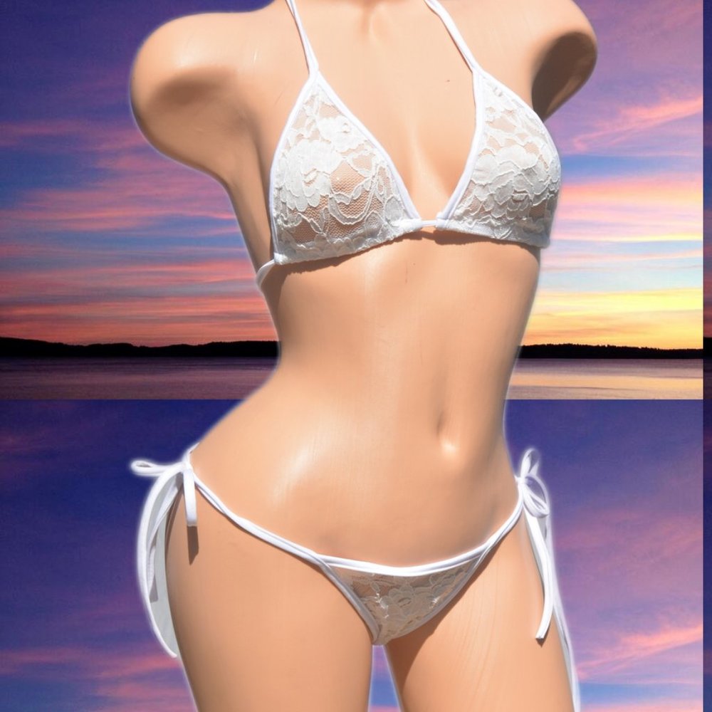 White Rose Lace Bikini Swimsuit Set (Thick Stretch Material)